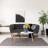 Sofá de diseño gris HAYRIVER con dos mesas auxiliares y una alfombra en una habitación luminosa de hjh LIVING