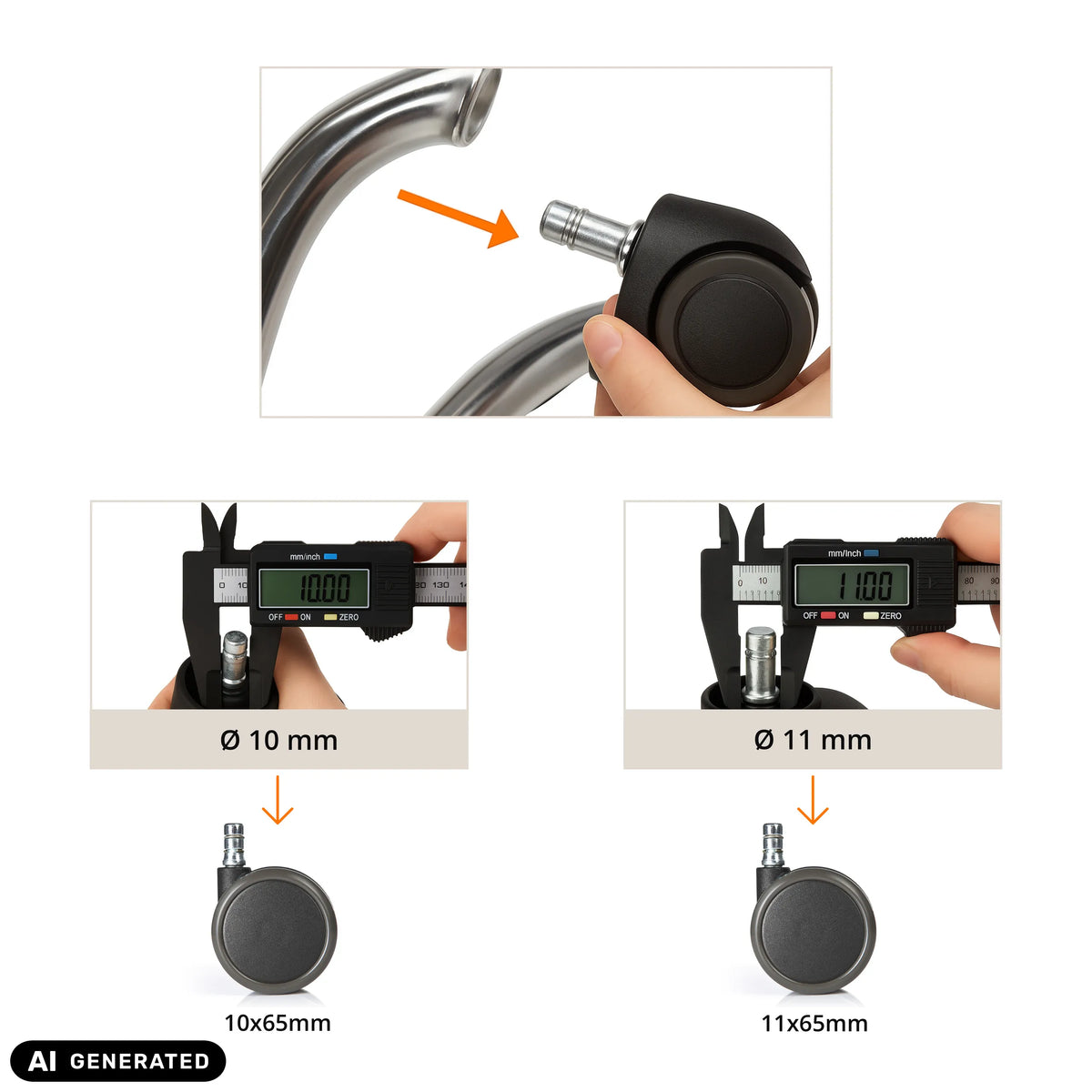 Medición del tamaño de las ruedas para sillas 5x ROLO No-Noise 11mm/65mm en 10 mm y 11 mm de hjh OFFICE (imagen generada por IA)