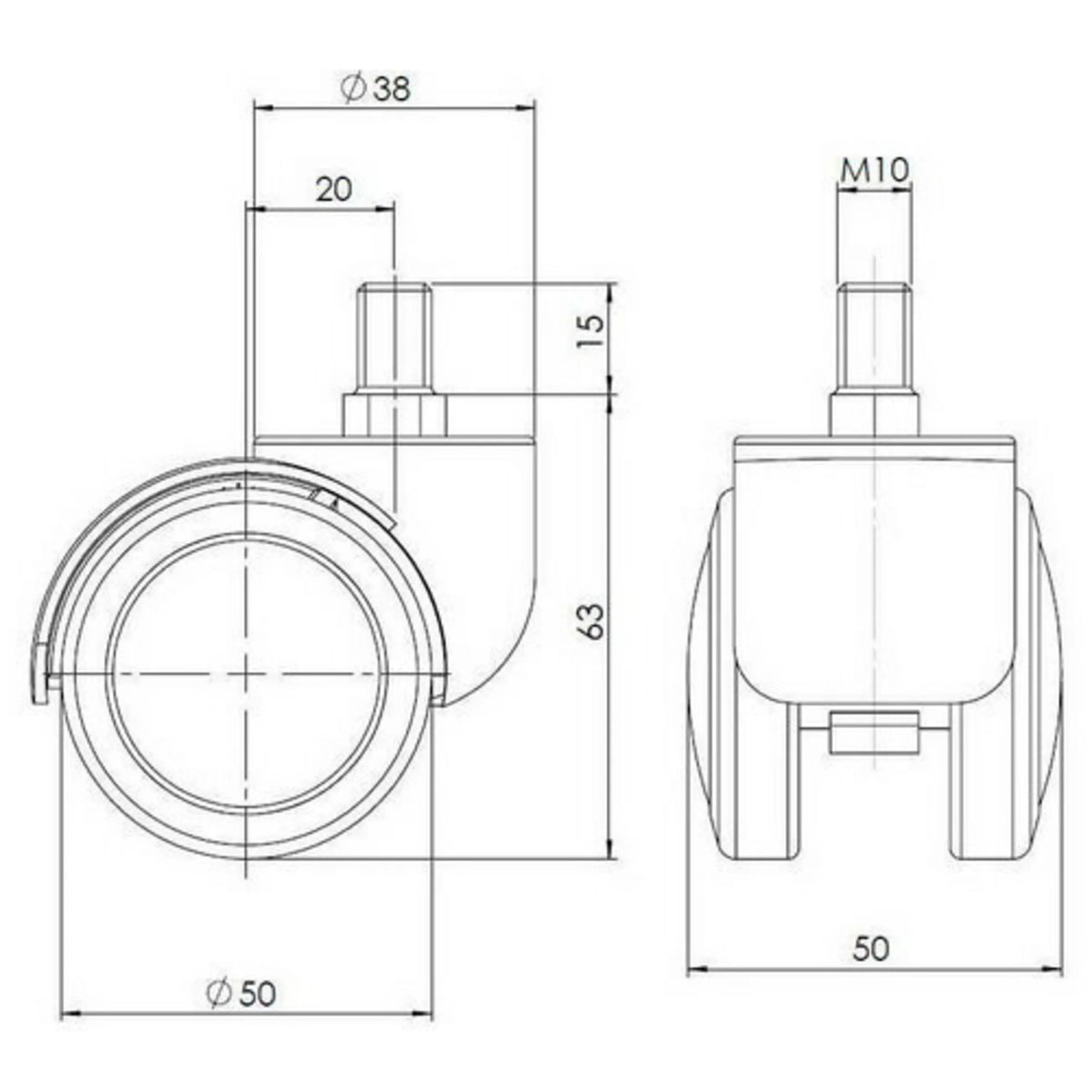 Dibujo técnico de las ruedas para sillas 5x ROLO M10/50mm con un diámetro de 50 mm de hjh OFFICE