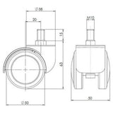 Dibujo técnico de las ruedas para sillas 5x ROLO M10/50mm con un diámetro de 50 mm de hjh OFFICE