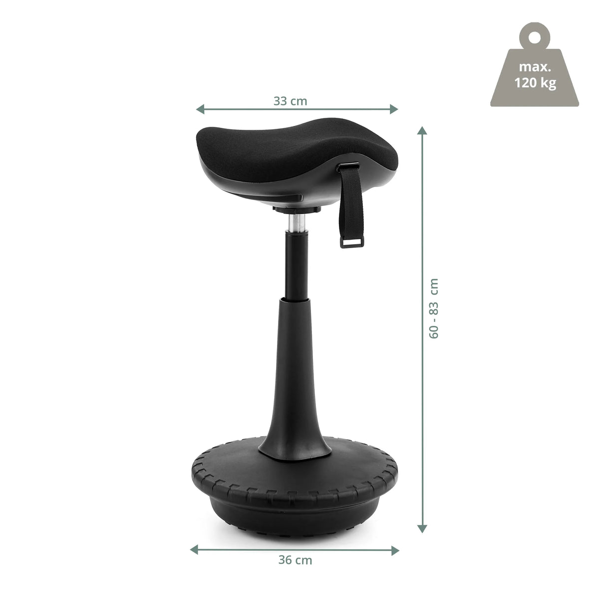 Dibujo dimensional del asiento de pie Balance Sit Ergo con una altura de 60–83 cm de hjh OFFICE