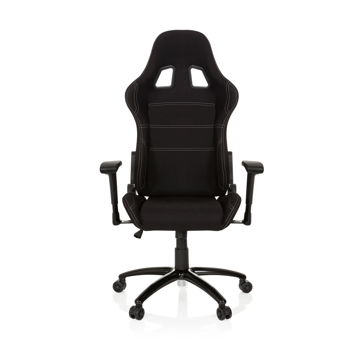 Silla gaming negra GAME FORCE con reposacabezas, reposabrazos y base de cinco ruedas de hjh OFFICE – vista de 360° (vista frontal 0°)