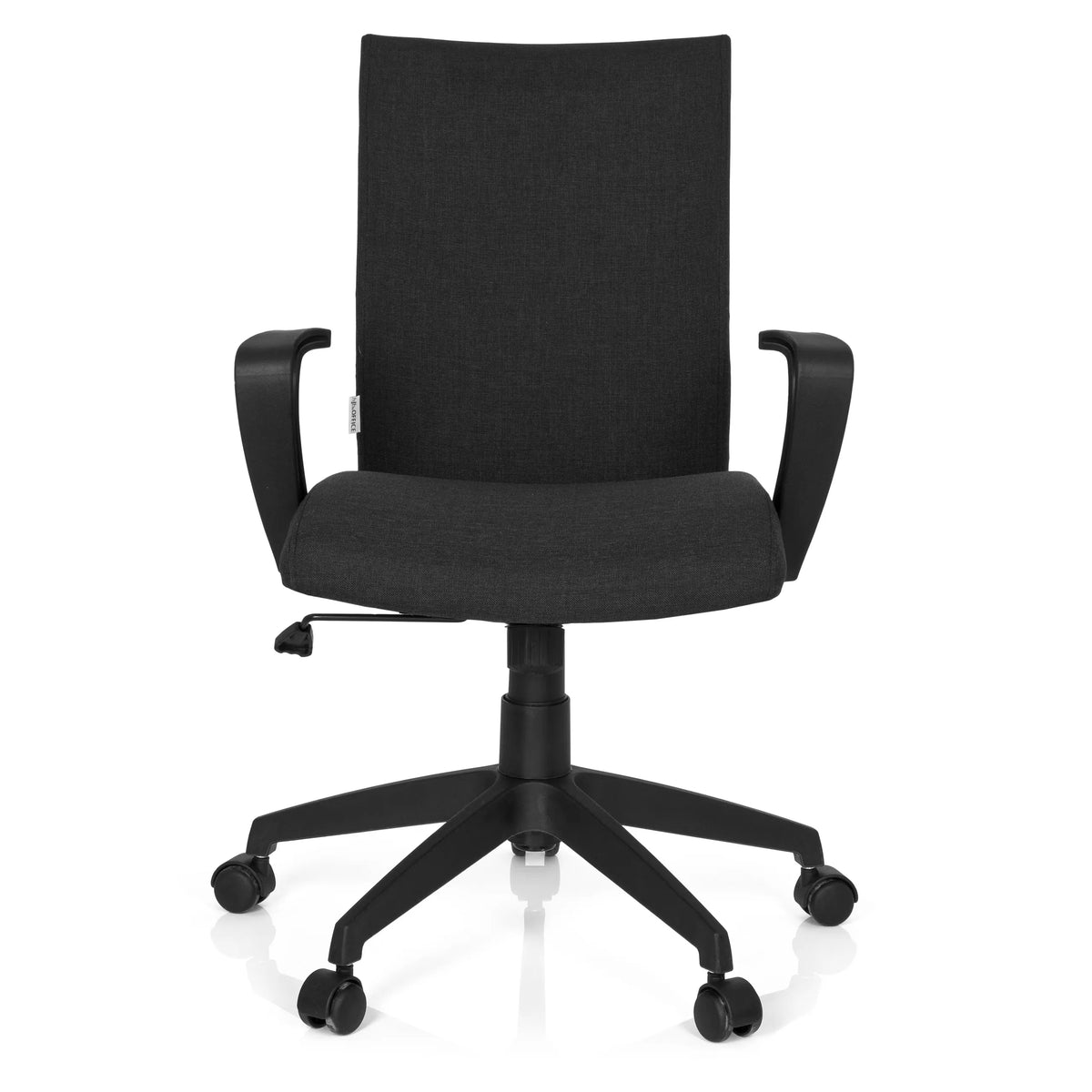 Silla Home Office SOFT negra con reposabrazos y base de cinco ruedas de hjh OFFICE – vista de 360° (vista frontal 0°)