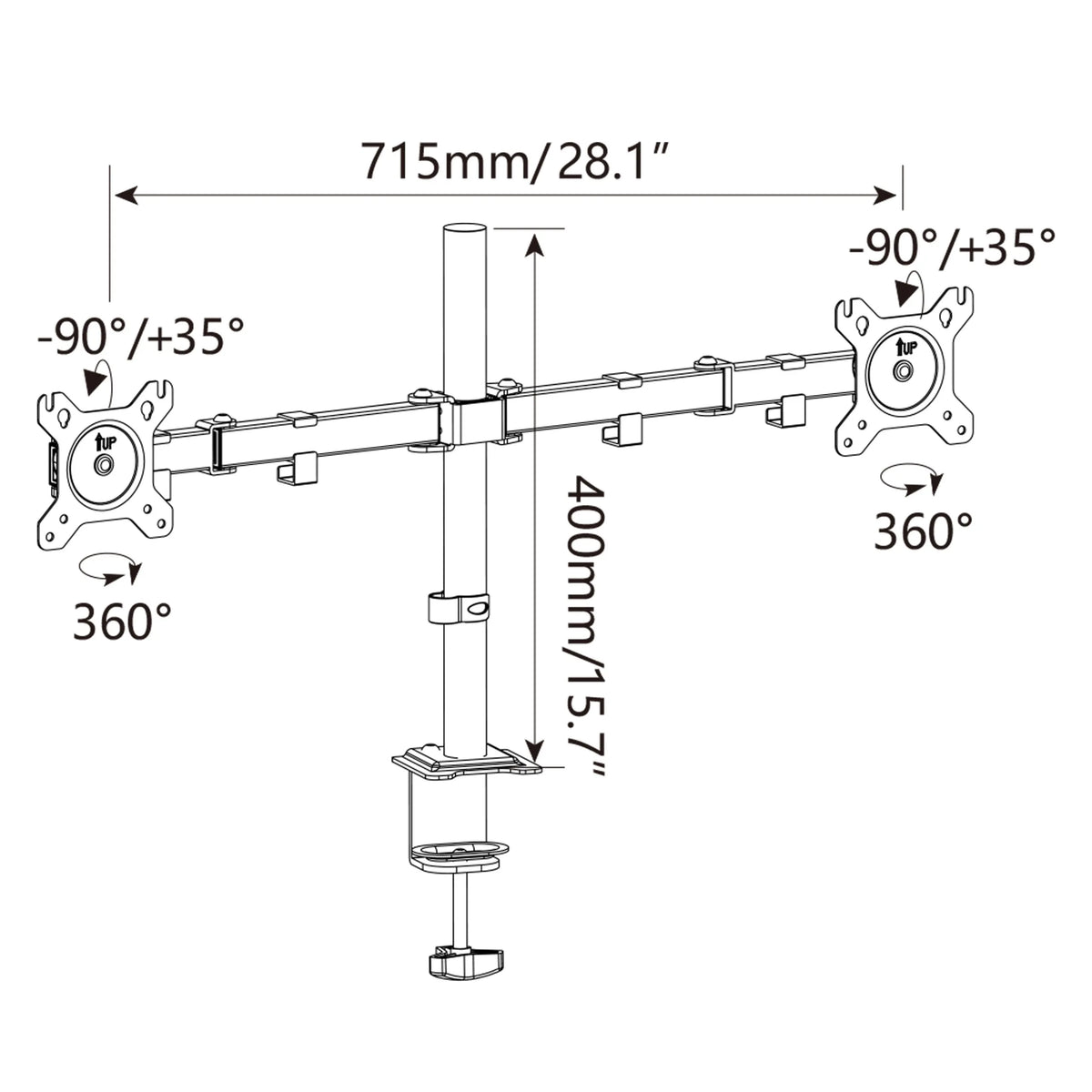 Dibujo técnico del Soporte de monitor Ergomount M2 con una anchura de 715 mm de hjh OFFICE