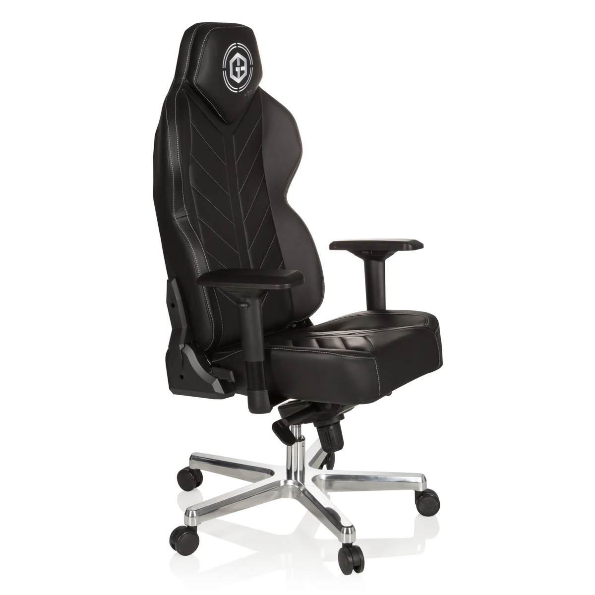 Silla gaming GAMEBREAKER COLOSSUS negra con reposabrazos y base brillante de cinco ruedas de hjh OFFICE – vista de 360° (vista frontal en diagonal 60°)