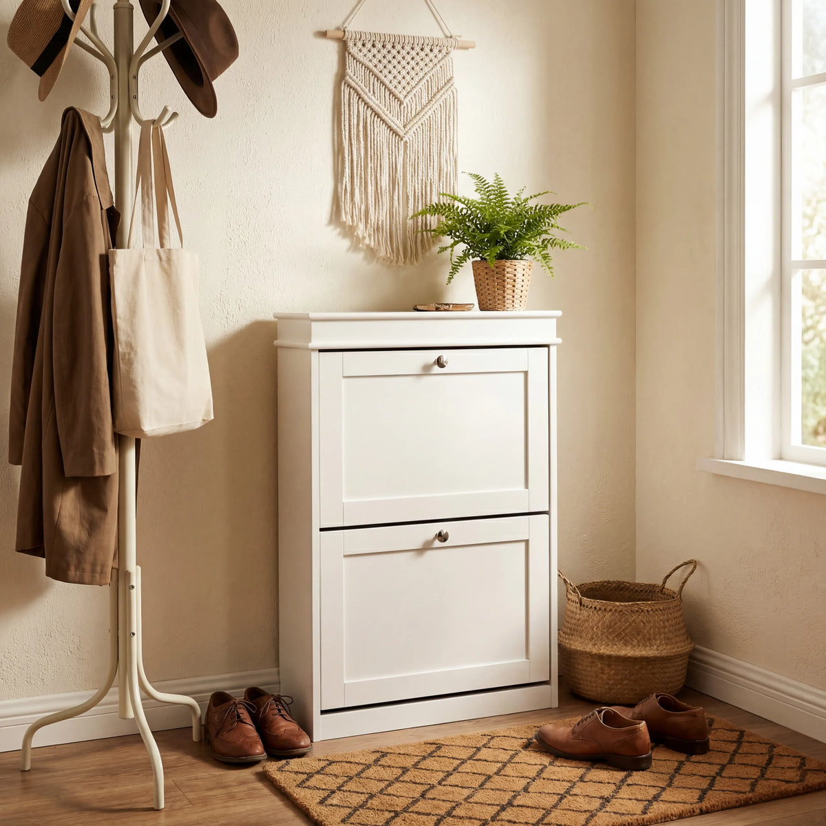 Armario zapatero Estha 20 blanco con dos puertas abatibles y pomos redondos en un pasillo de hjh LIVING