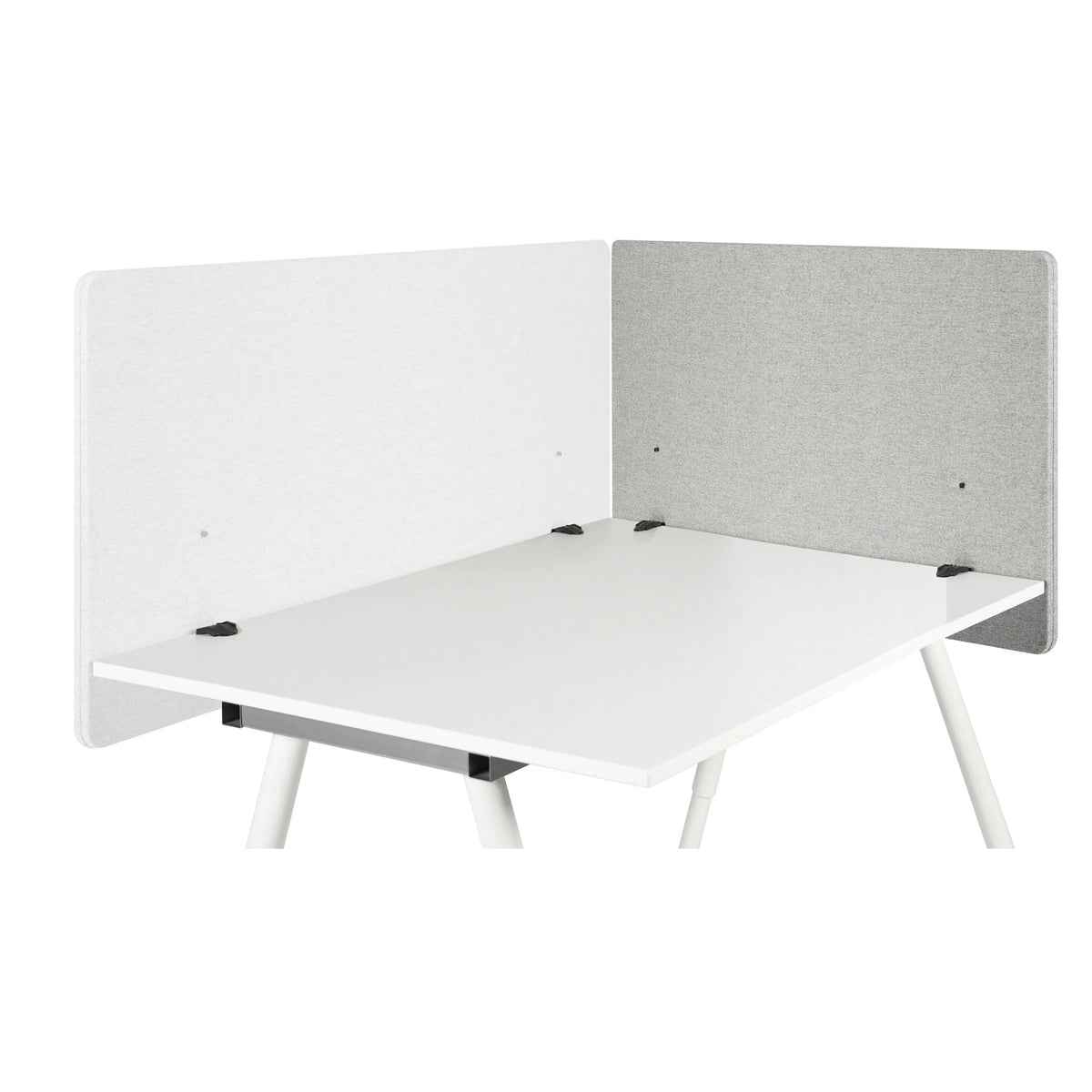 Separadores de mesa FLEXMIUT D SIDE en gris claro sobre una superficie de mesa blanca de hjh OFFICE