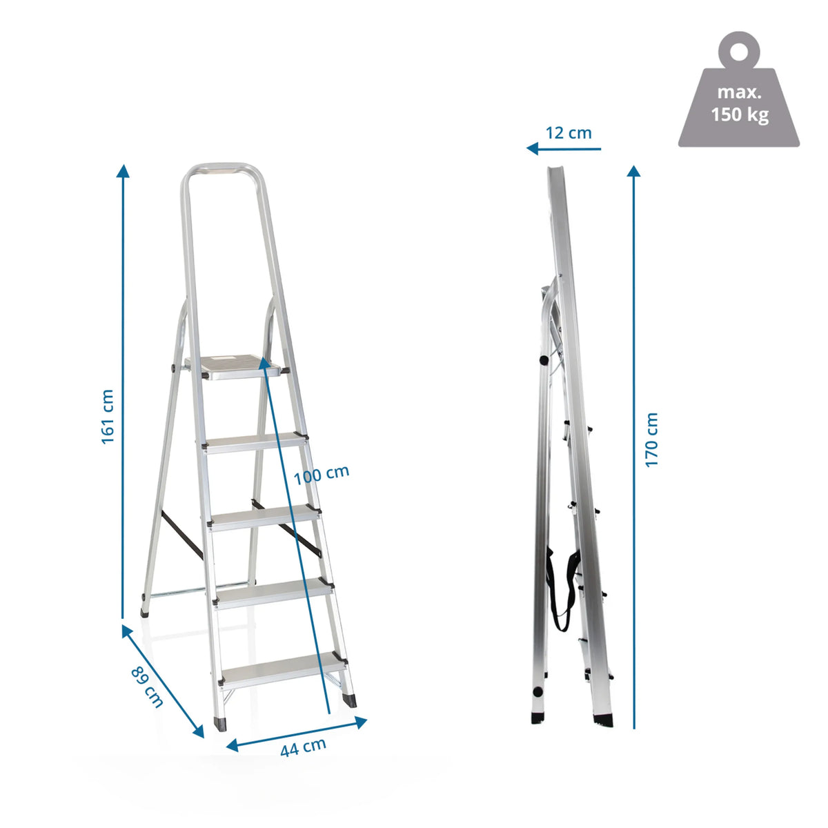 Dibujo dimensional de la Escalera plegable SOLID III con una altura de 170 cm y una capacidad de carga de 150 kg de hjh OFFICE