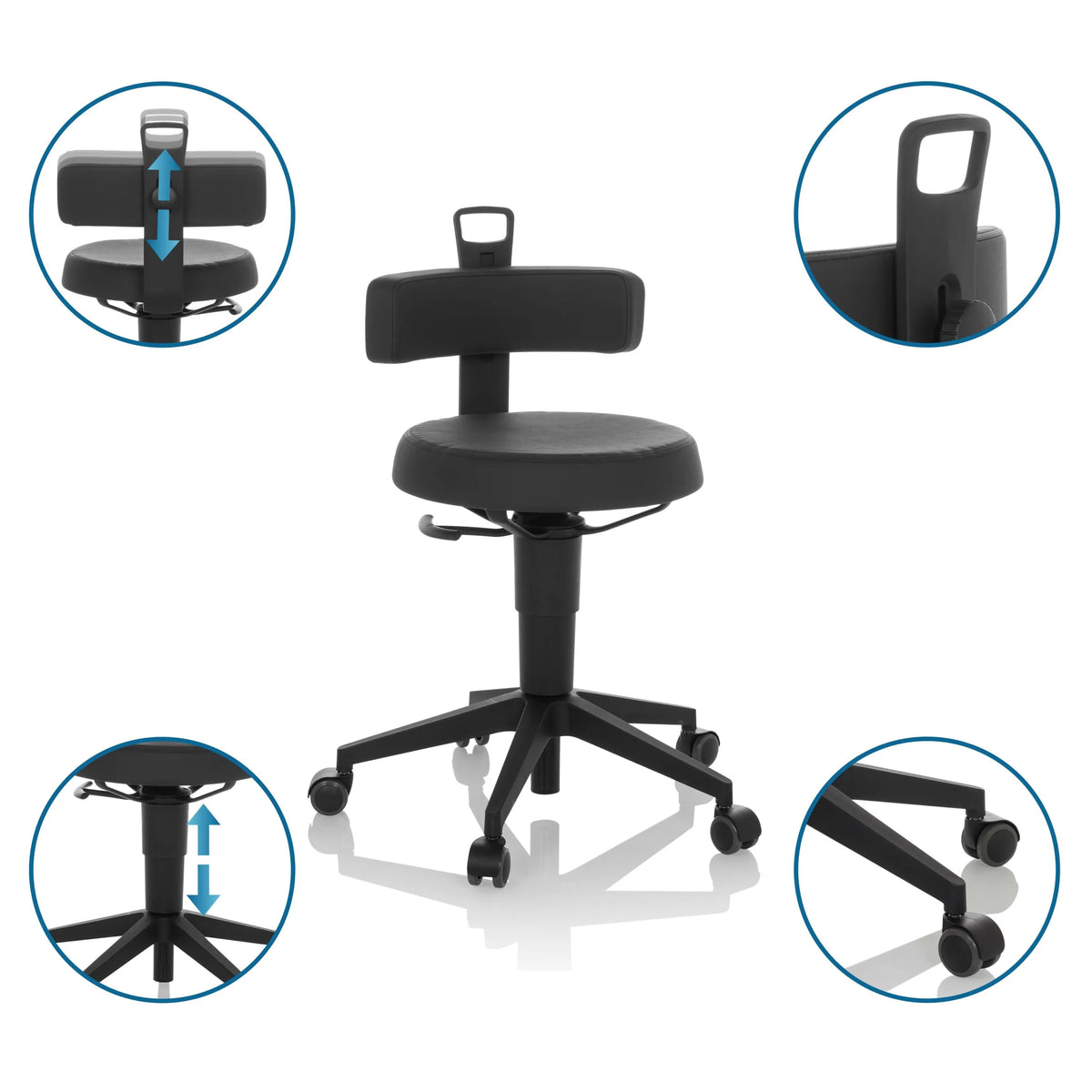 Taburete giratorio TOP WORK FLEX PU negro de cuero sintético con respaldo ajustable en altura y ruedas de hjh OFFICE