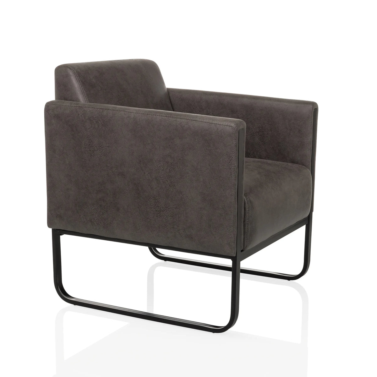 Sillón de diseño Aruba Retro gris con reposabrazos y estructura negra de hjh OFFICE – vista de 360° (vista frontal en diagonal 45°)