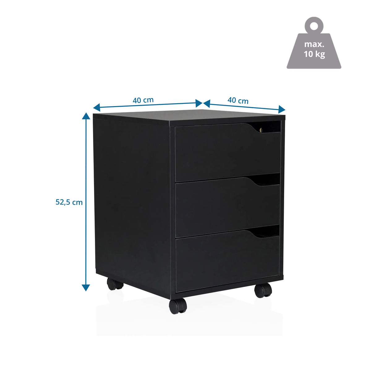 Dibujo dimensional del archivador rodante ORGANISER I de 40 × 40 × 52,5 cm y carga máxima de 10 kg de hjh OFFICE
