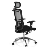 Silla de oficina profesional CAYEN negra con respaldo de malla, reposacabezas y base de cinco ruedas de hjh OFFICE – vista de 360° (vista trasera en diagonal 120°)