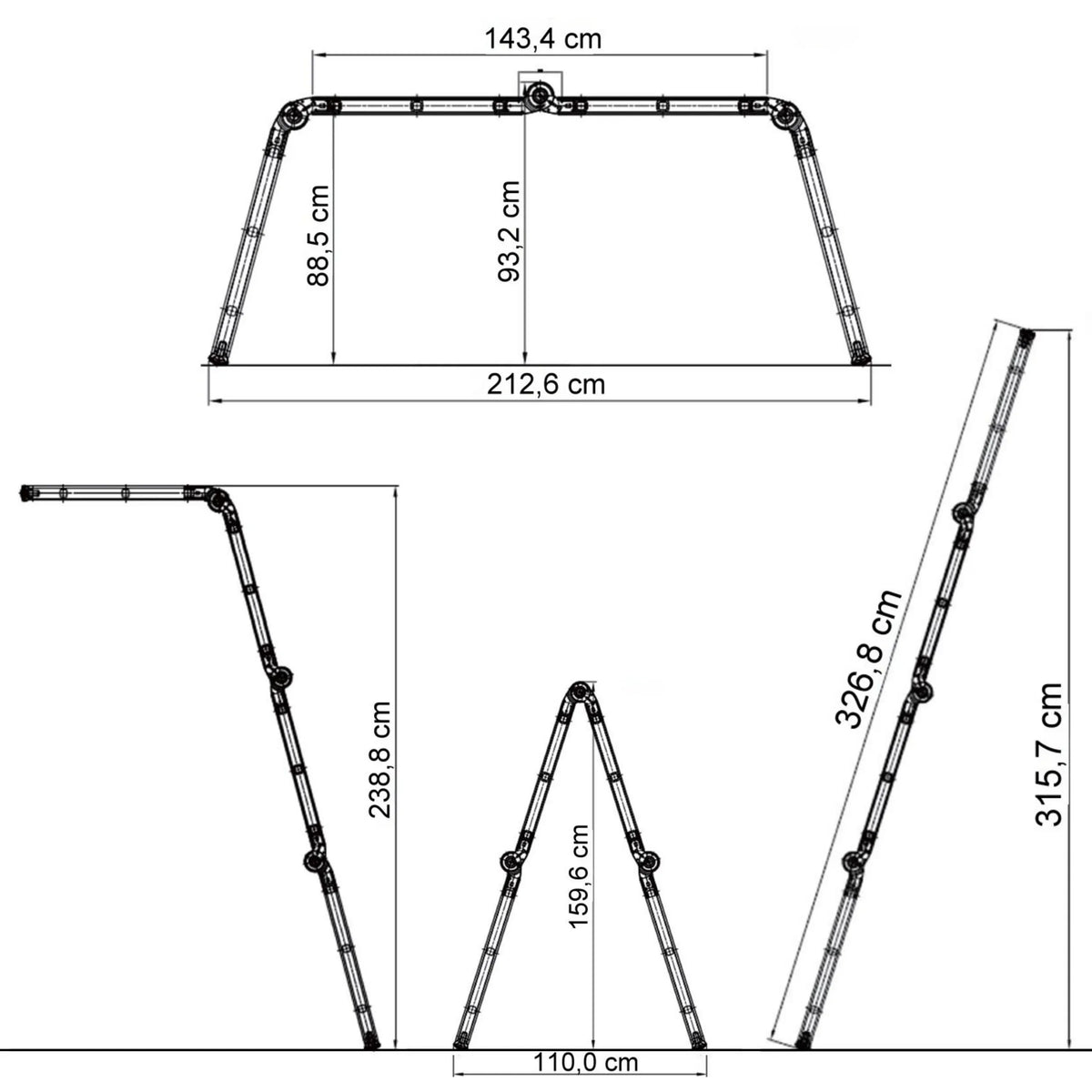 Dibujo técnico de la Escalera plegable SOLID W3 con una anchura de 212,6 cm de hjh OFFICE