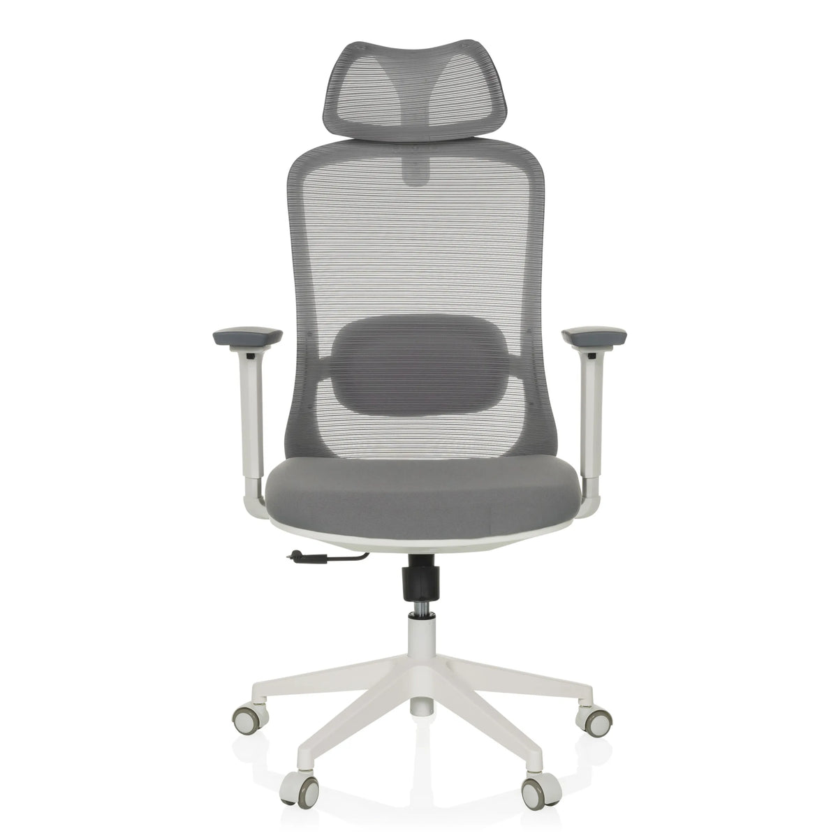 Silla de oficina profesional MIKEO G gris con respaldo de malla, reposacabezas y base de cinco ruedas de hjh OFFICE – vista de 360° (vista frontal 0°)
