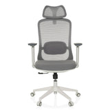 Silla de oficina profesional MIKEO G gris con respaldo de malla, reposacabezas y base de cinco ruedas de hjh OFFICE – vista de 360° (vista frontal 0°)