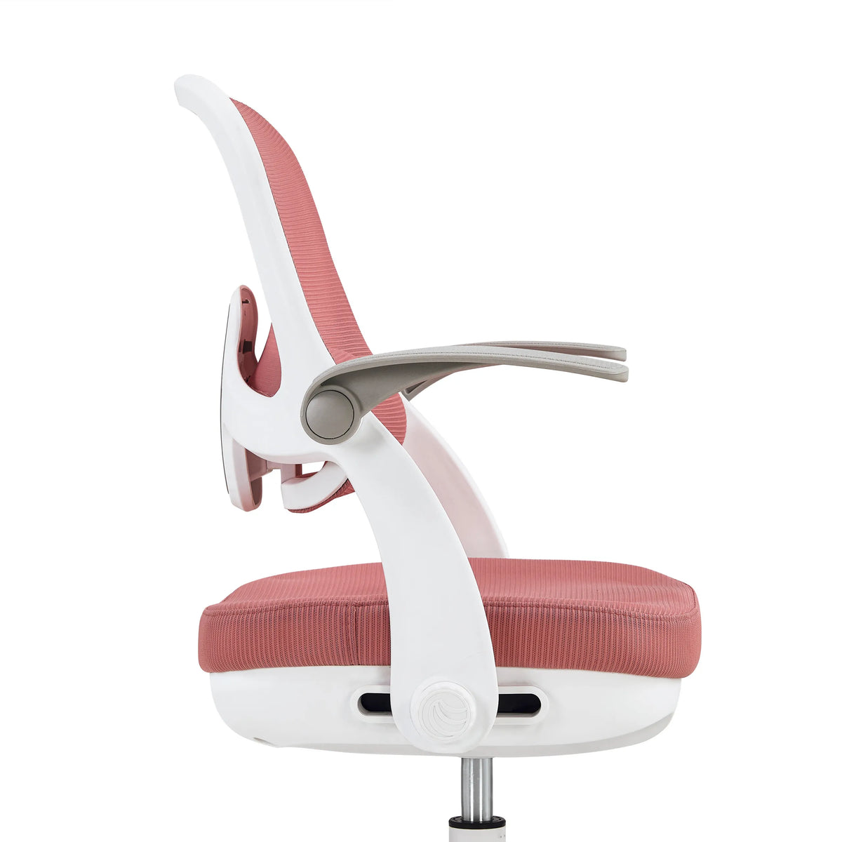 Vista lateral de la silla giratoria para niños Kiddy Smart Step en rosa con estructura blanca y reposabrazos gris de hjh OFFICE