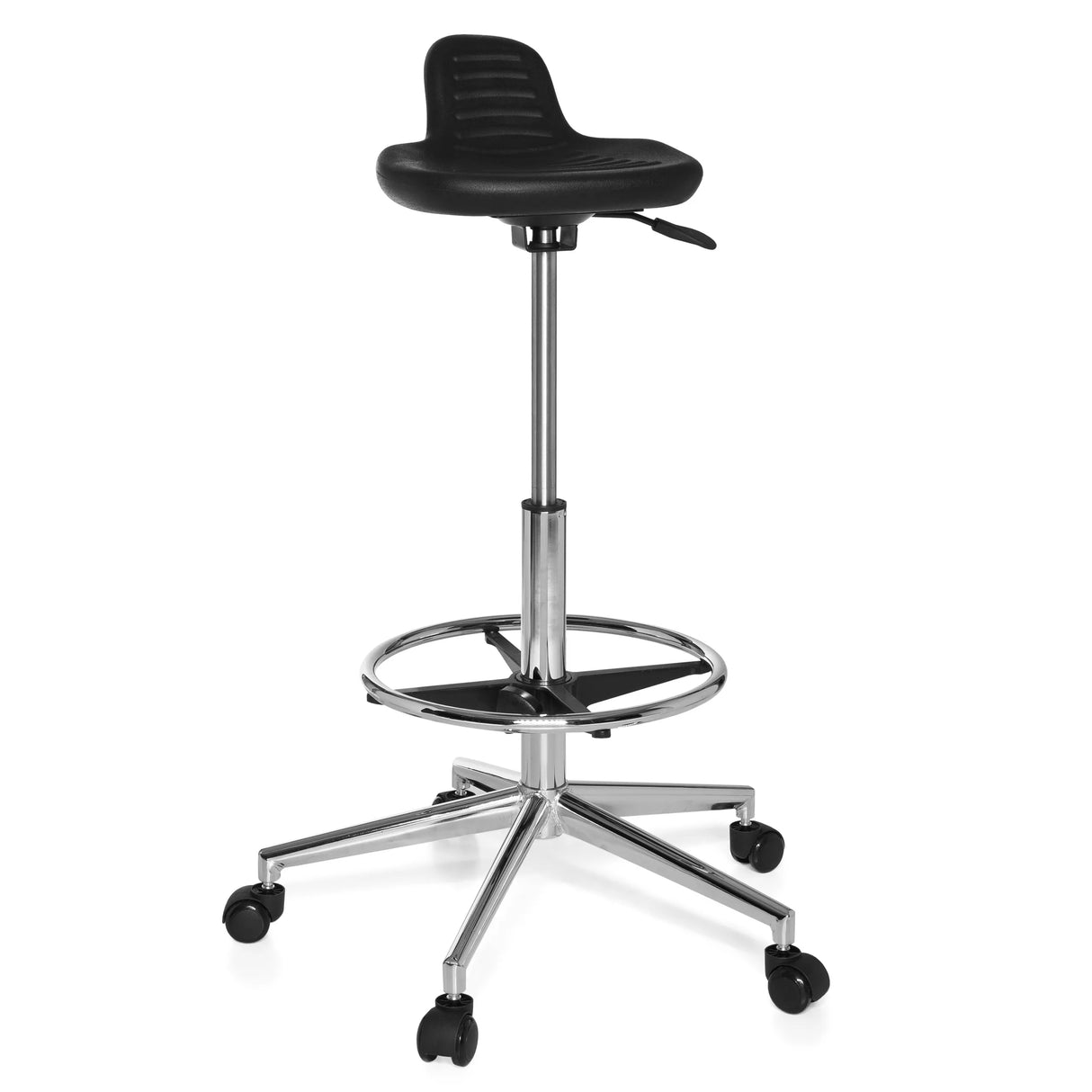taburete giratorio negro TOP WORK 03 con aro reposapiés y base de cinco ruedas de hjh OFFICE – vista de 360° (vista frontal 20°)