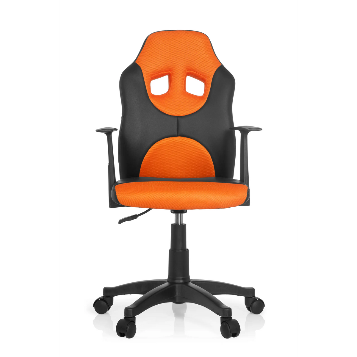 Silla giratoria para niños KID GAME AL en color negro y naranja con respaldo de malla y base de cinco ruedas de hjh OFFICE – vista de 360° (vista frontal 0°)
