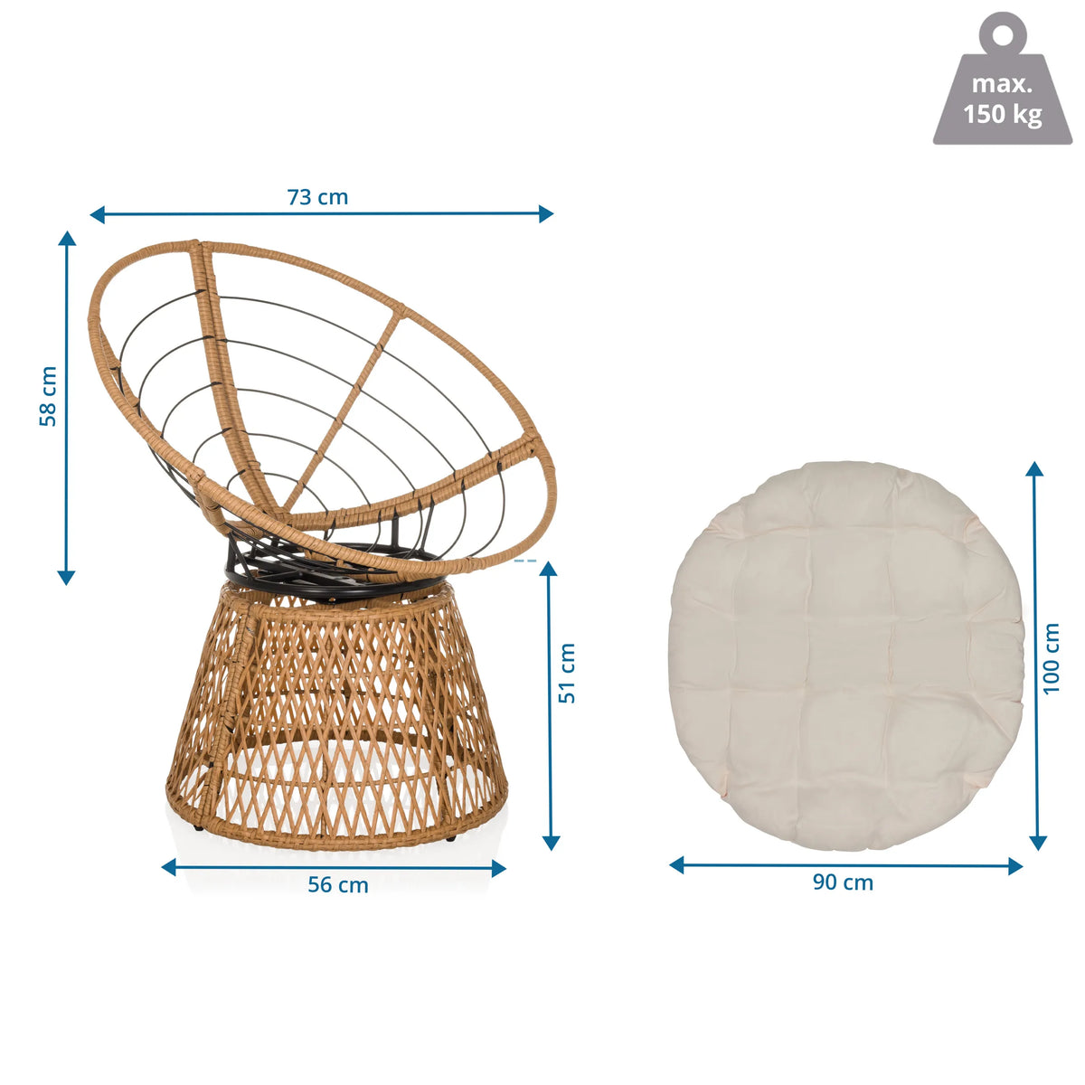 Dibujo dimensional de la Silla de exterior WEAVORA con 73 × 58 cm y carga máxima de 150 kg de hjh LIVING