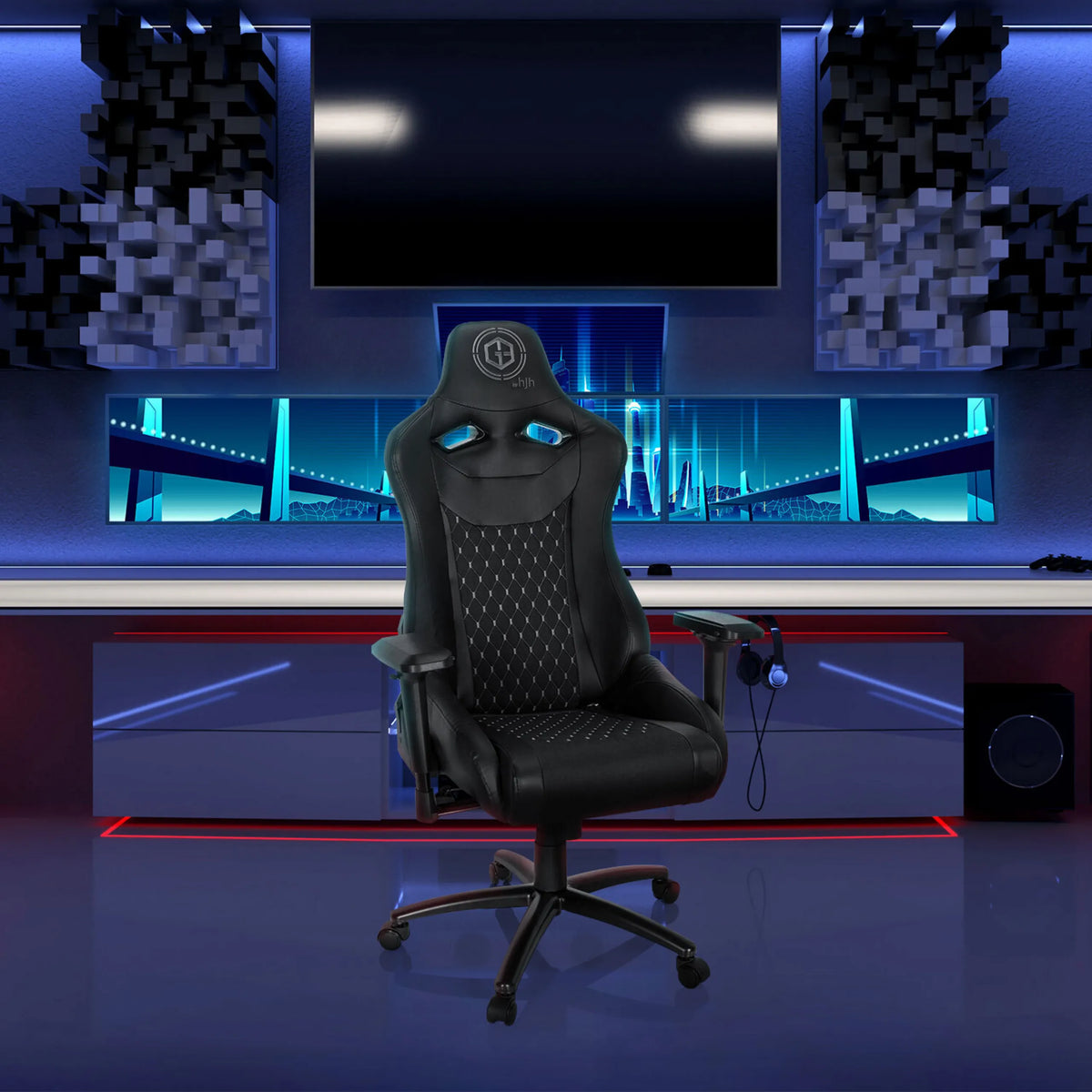 Silla gaming negra GAMEBREAKER SX 04 con diseño de costura acolchada y reposabrazos ajustables de hjh OFFICE