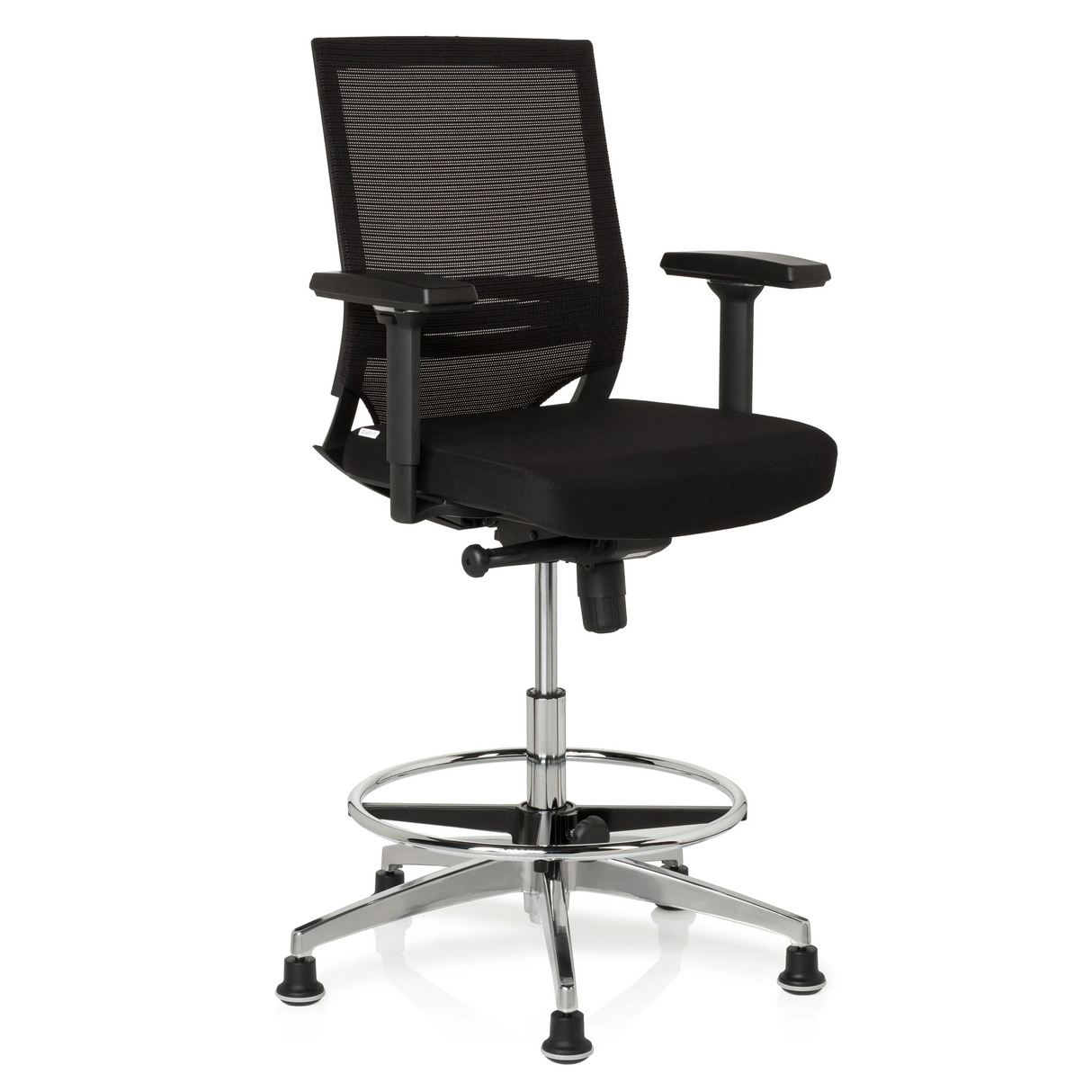 Silla de mostrador TOP WORK 77 negra con respaldo de malla, reposapiés y cinco deslizadores de hjh OFFICE – vista de 360° (vista frontal en diagonal 40°)