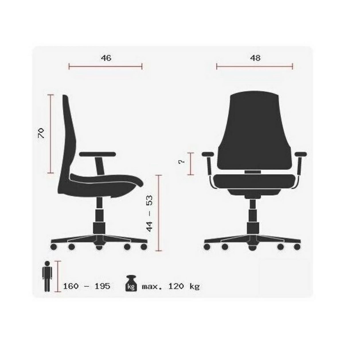 Dibujo técnico del Sillón de oficina profesional HIGH SIT UP con una carga máxima de 120 kg de Topstar