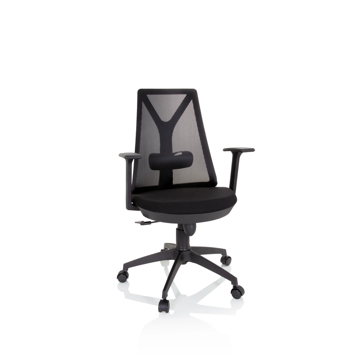 Silla Home Office FALUN BASIC negra con respaldo de malla y base de cinco ruedas de hjh OFFICE – vista de 360° (vista frontal 20°)