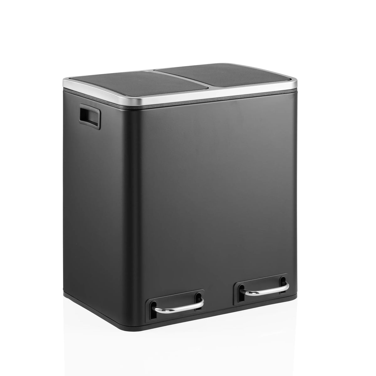 Papelera Clean 9 negra con dos compartimentos, borde de tapa plateado y dos asas de transporte de hjh OFFICE – vista de 360° (vista frontal en diagonal 30°)