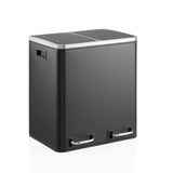Papelera Clean 9 negra con dos compartimentos, borde de tapa plateado y dos asas de transporte de hjh OFFICE – vista de 360° (vista frontal en diagonal 30°)