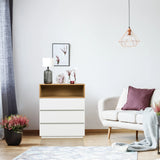 Cómoda MELMO K en blanco y roble con tres cajones y un espacio abierto de hjh LIVING