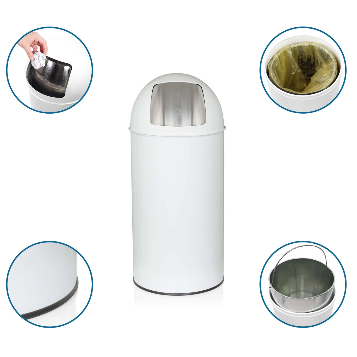 Papelera blanca PUSH 35L con tapa plateada, cubo interior y bolsas de basura de hjh OFFICE