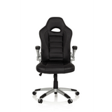 Silla gaming negra GAME SPORT con reposacabezas, reposabrazos y base plateada de cinco ruedas de hjh OFFICE – vista de 360° (vista frontal 0°)