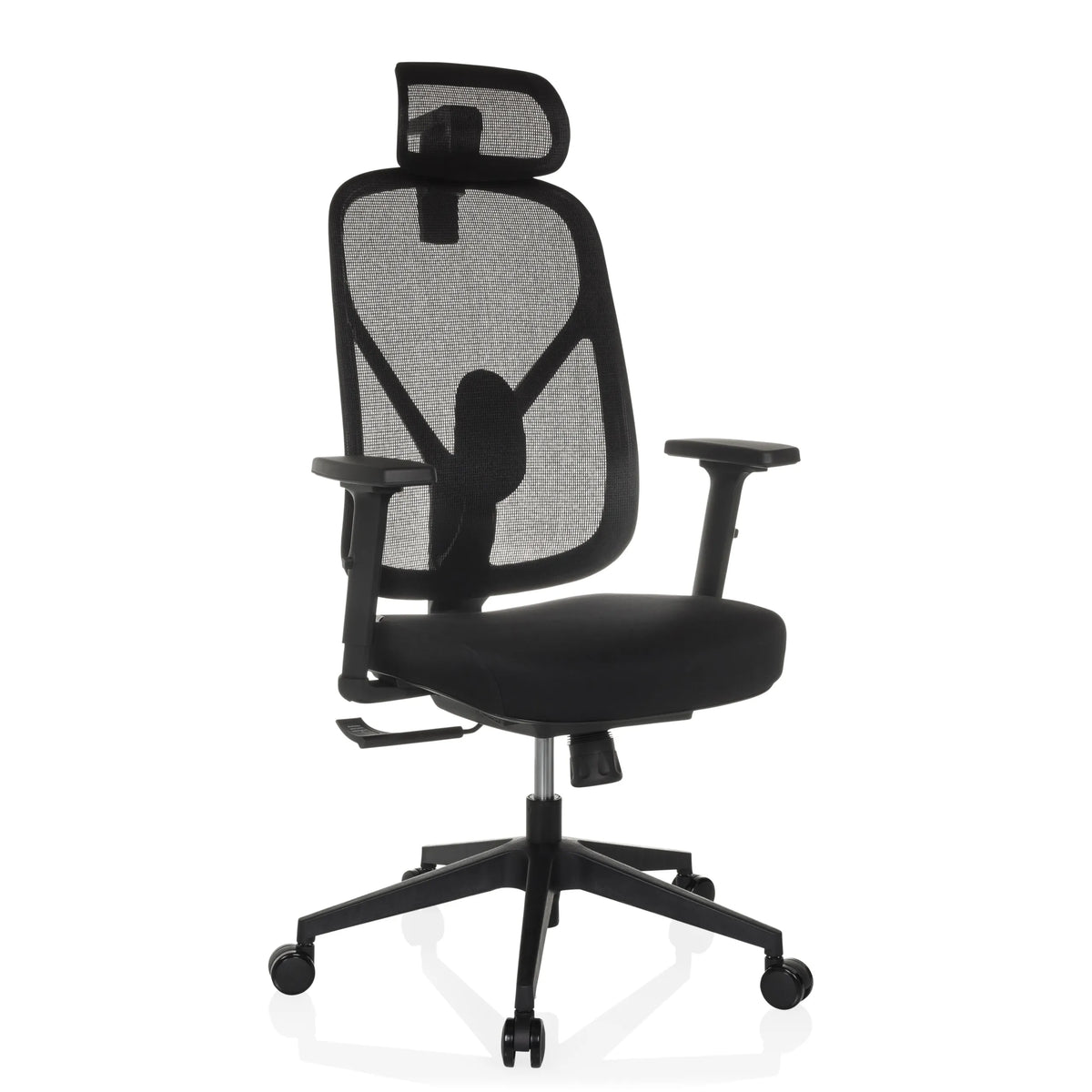 Silla de oficina profesional RALOO ECO negra con respaldo de malla y base de cinco ruedas de hjh OFFICE – vista de 360° (vista frontal en diagonal 30°)