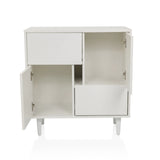 Cómoda blanca LYKKJA con dos compartimentos abiertos, un cajón y una puerta abierta sobre cuatro patas de hjh LIVING