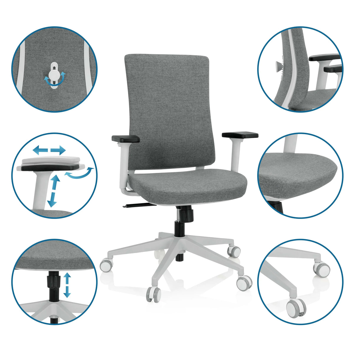 Silla de oficina profesional COMFIO WP en gris con vistas detalladas de las funciones ajustables y las ruedas de hjh OFFICE