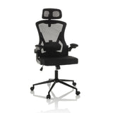 Silla de oficina profesional ARIGANO negra con respaldo de malla, reposacabezas y base de cinco ruedas de hjh OFFICE – vista de 360° (vista frontal 15°)