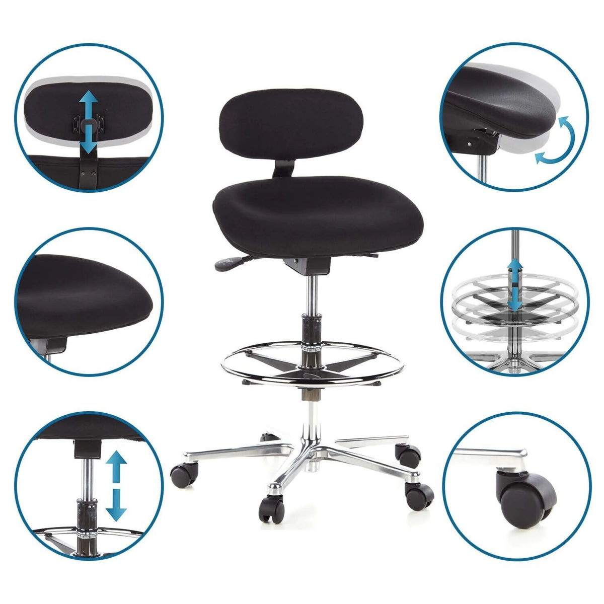 Silla de mostrador WORK MF regulable en altura en color negro con reposapiés y reposacabezas de hjh OFFICE