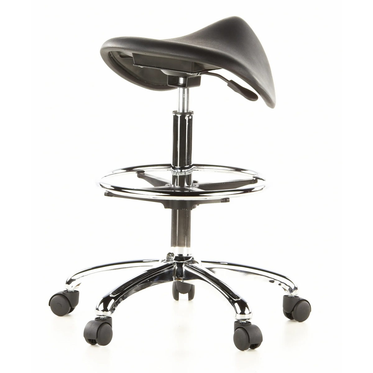 Taburete de silla de montar TOP WORK 13 negro con aro reposapiés y base de cinco ruedas de hjh OFFICE – vista de 360° (vista trasera en diagonal 140°)