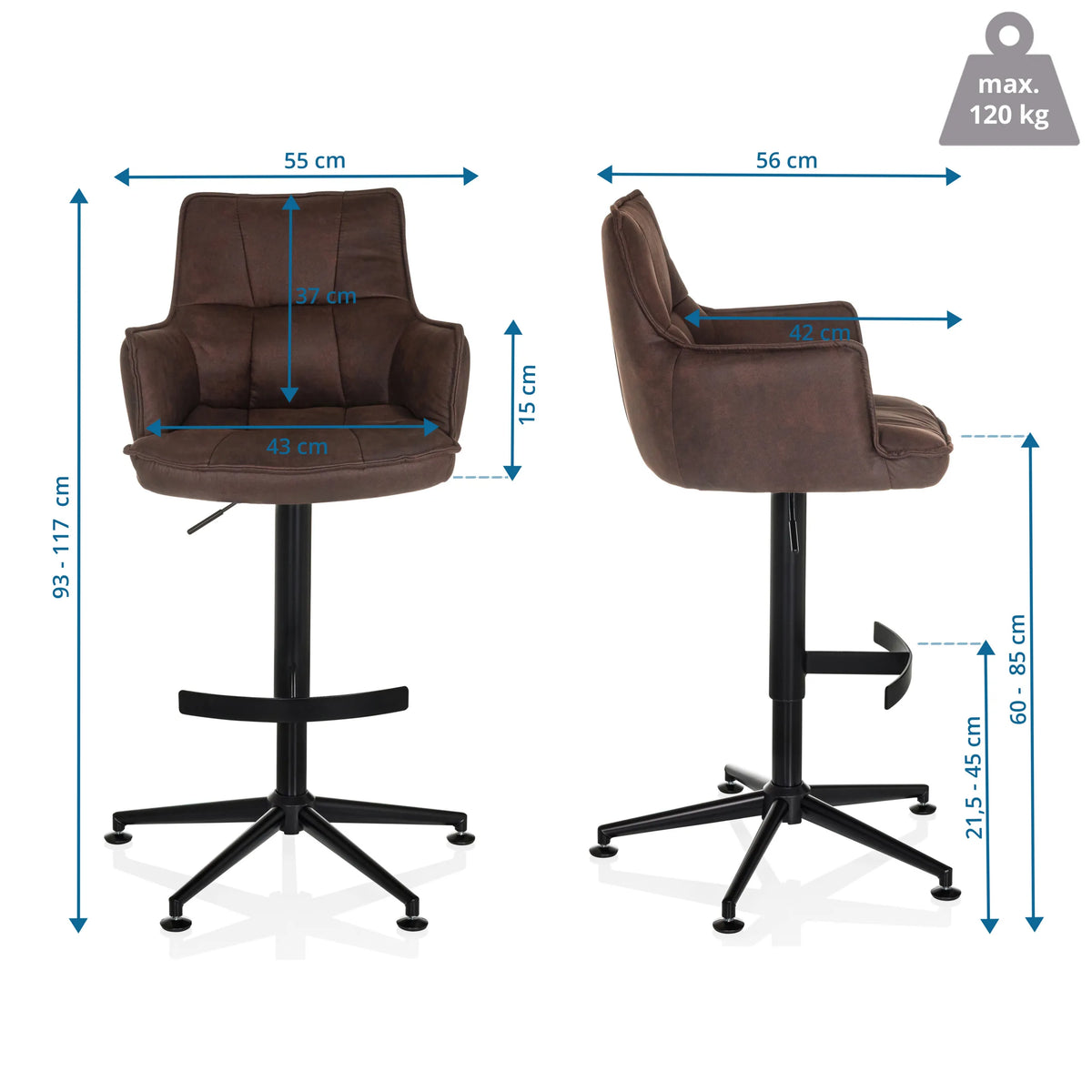 Dibujo dimensional del taburete de bar SOLAO LIFE HIGH con una altura total de 93-117 cm de hjh LIVING