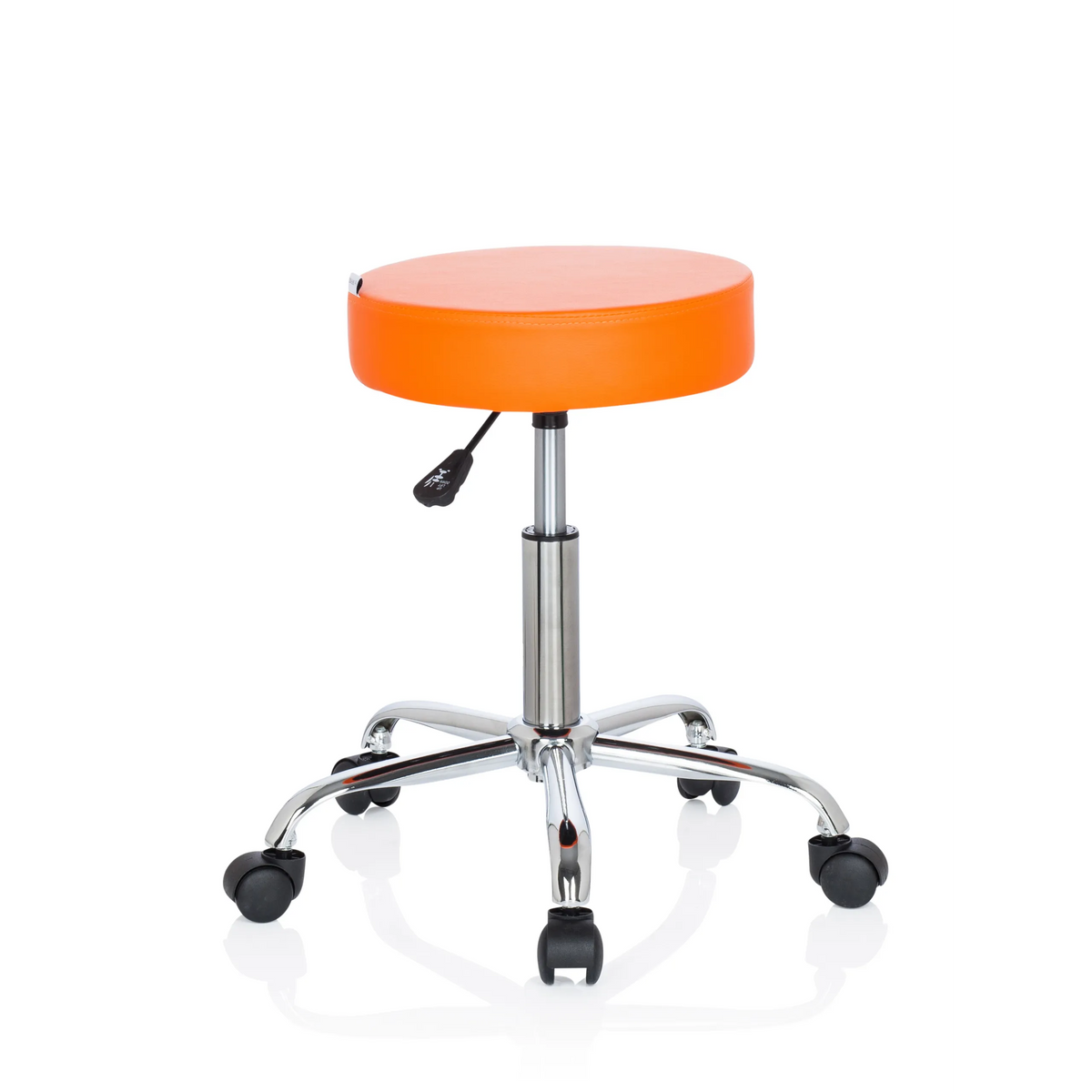 Taburete giratorio naranja OPERATOR II con pistón de gas y base de cinco ruedas de hjh OFFICE – vista de 360° (vista frontal en diagonal 40°)