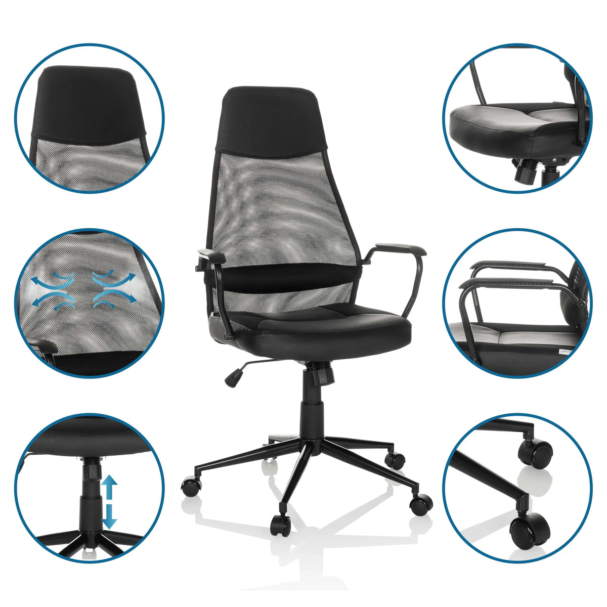 Sillón de oficina Home Office MARCOZ en negro con diversas vistas detalladas de MyBuero