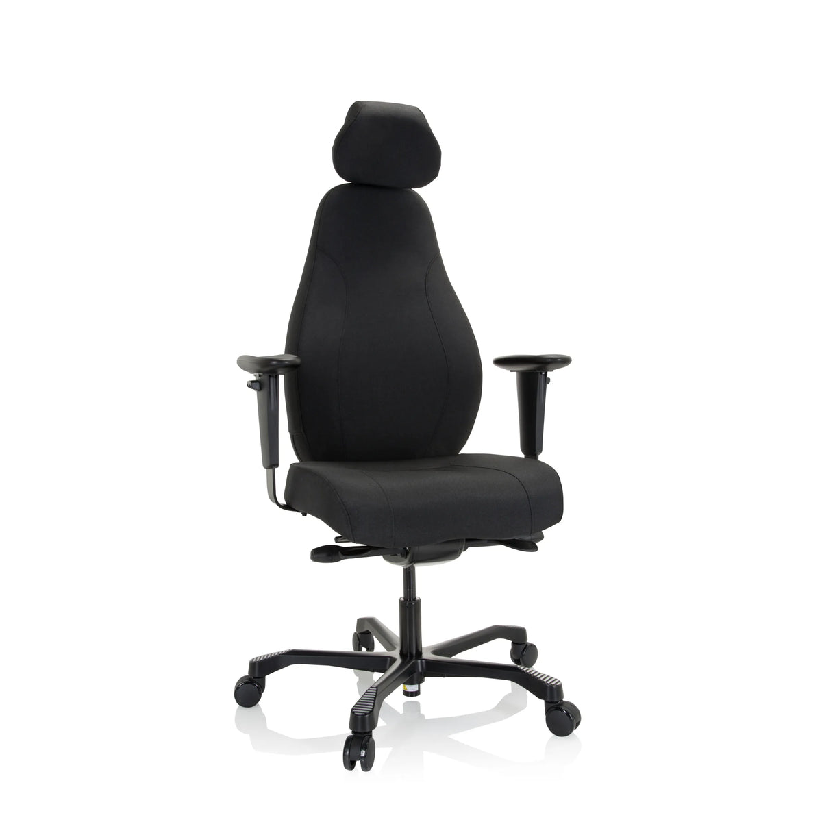 Sillón de oficina profesional RESISTIO XXL negro con reposacabezas y base de cinco ruedas de hjh OFFICE – vista de 360° (vista frontal 20°)