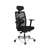 Silla de oficina profesional BELLAC negra con respaldo de malla, reposacabezas y base de cinco ruedas de hjh OFFICE – vista de 360° (vista frontal en diagonal 40°)