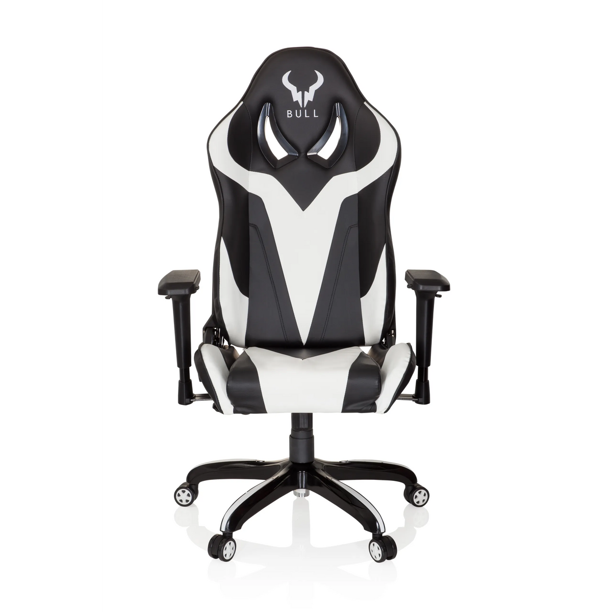 Silla gaming PROMOTER I en blanco y negro con reposabrazos y base de cinco ruedas de hjh OFFICE – vista de 360° (vista frontal 0°)