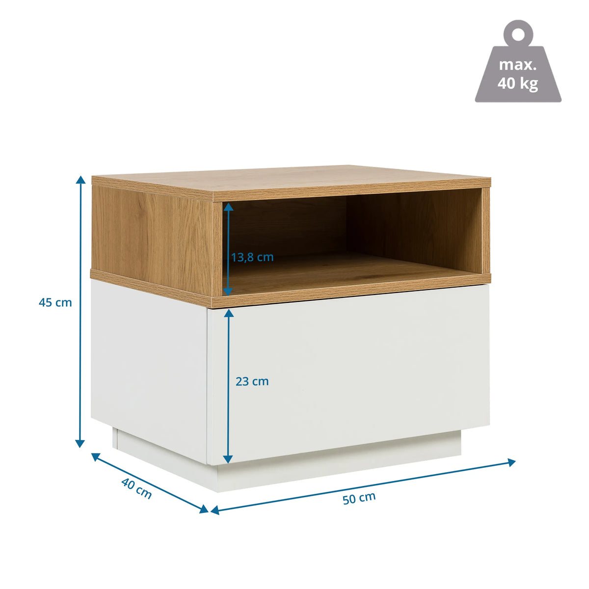 Plano dimensional de la Mesa auxiliar MELMO en blanco y roble, 50 × 40 cm, de hjh LIVING