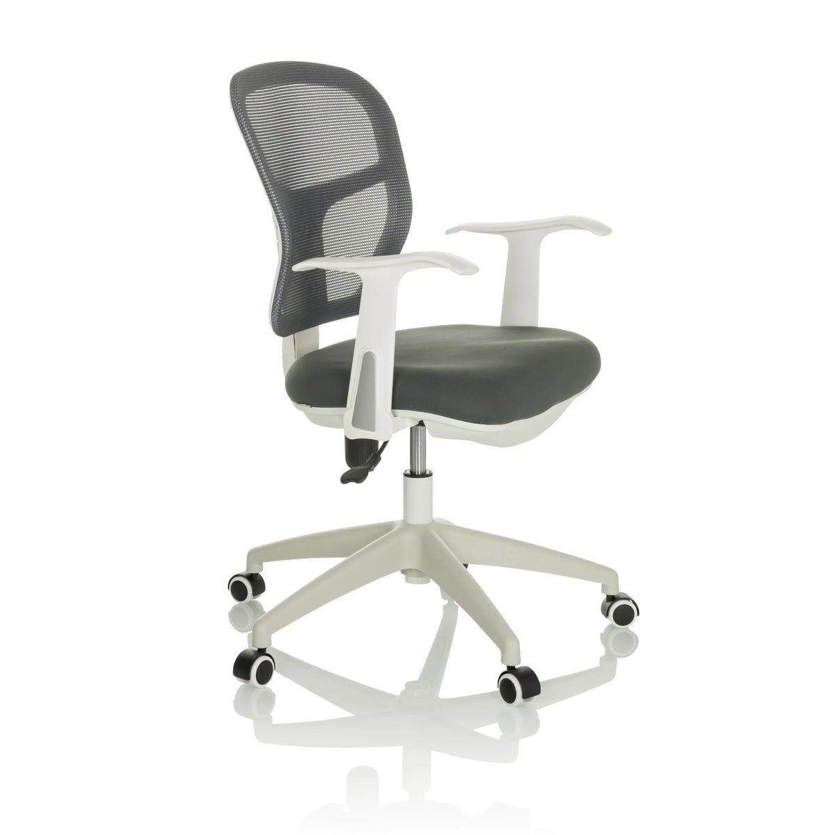 Silla Home Office TOP 108 W gris con respaldo de malla y base de cinco ruedas de hjh OFFICE – vista de 360° (vista frontal en diagonal 60°)