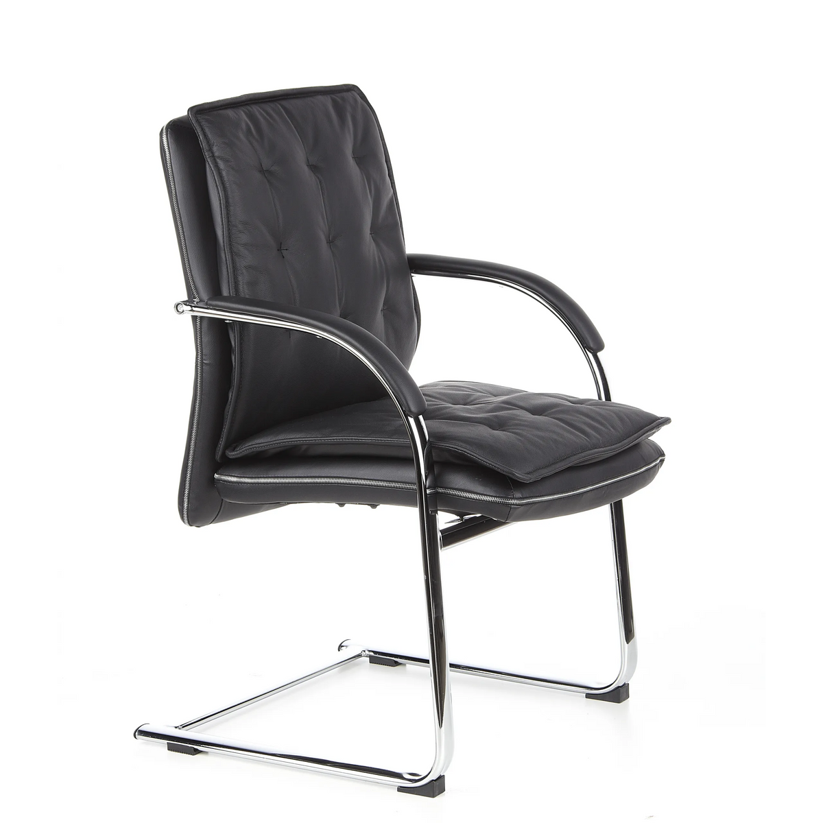 Silla viga voladiza VILLA V negra con tapizado acolchado y reposabrazos de hjh OFFICE – vista de 360° (vista frontal en diagonal 60°)