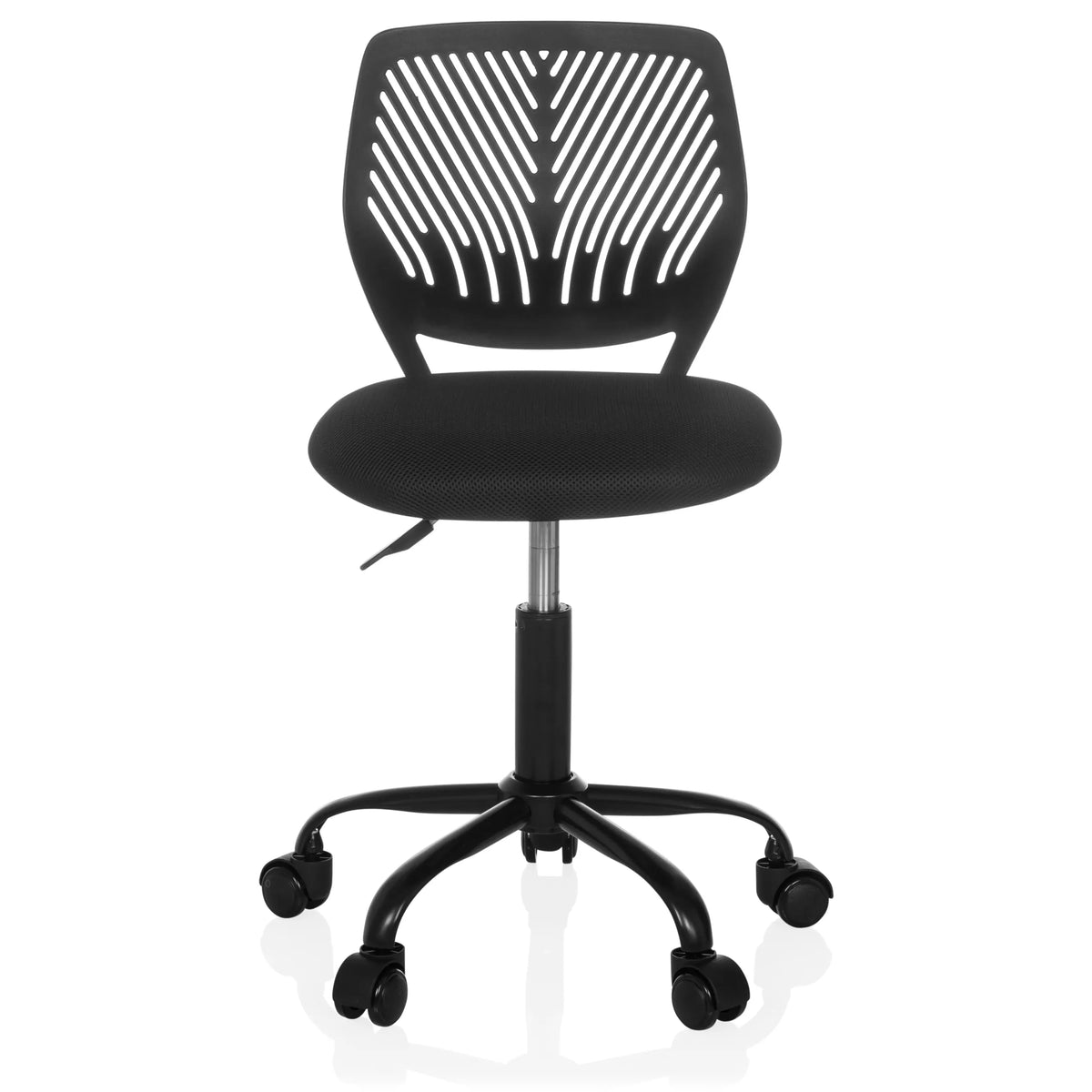 Silla giratoria para niños KID QB negra con respaldo de malla y base de cinco ruedas de hjh OFFICE – vista de 360° (vista frontal 0°)