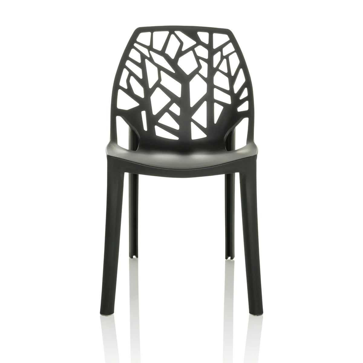 Silla de exterior ARTIFO TRI negra con respaldo perforado de aspecto orgánico de hjh OFFICE – vista de 360° (vista frontal 0°)