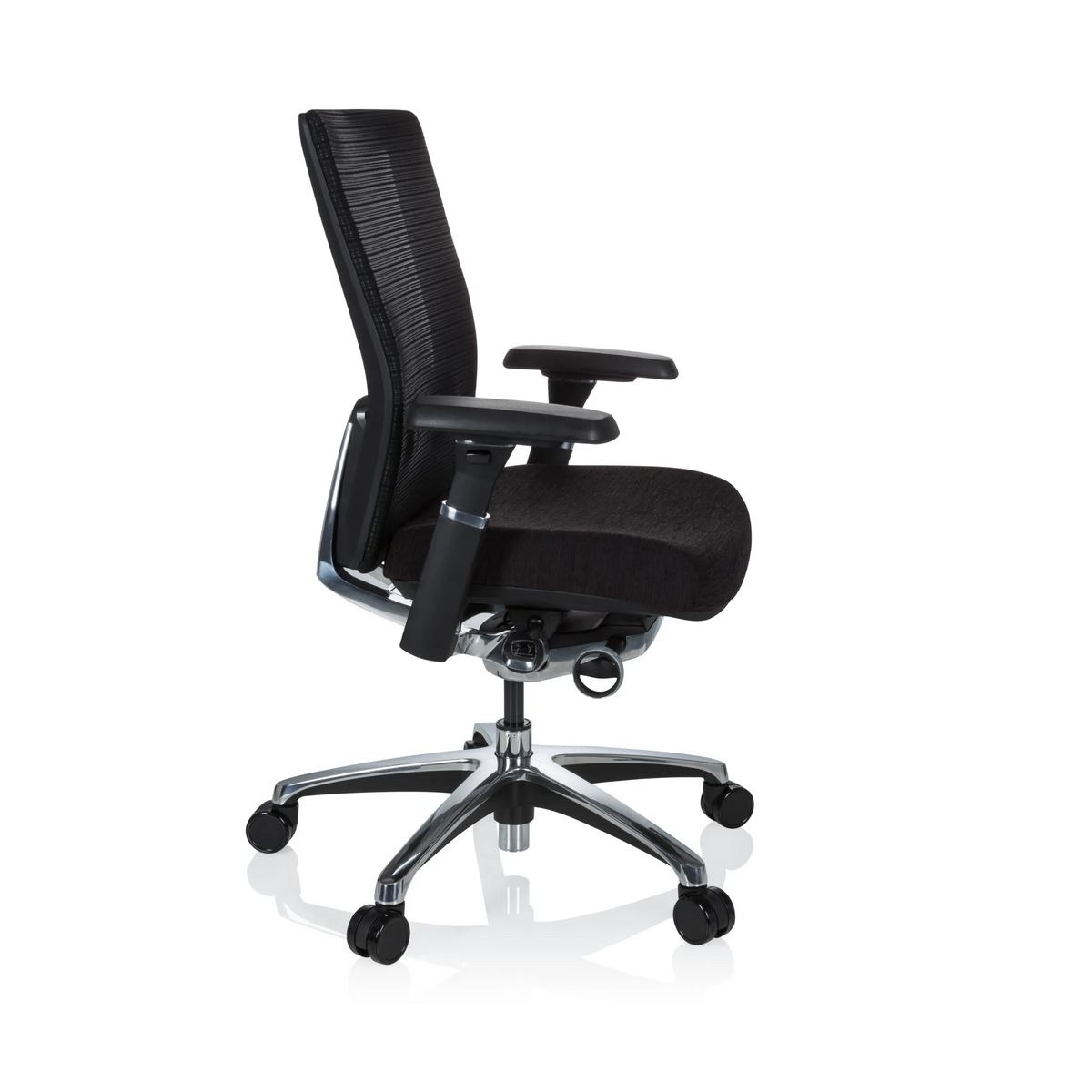Silla alta gama NOVA PRO ALU negra con respaldo de malla y base de cinco ruedas de hjh OFFICE – vista de 360° (vista lateral 80°)